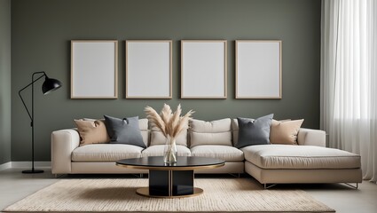 Beige Sectional Sofa Green Walls Four Empty Frames Pampas Grass Coffee Table couch