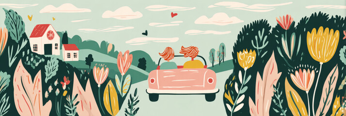 Two friends are driving in a vintage convertible, surrounded by beautiful flowers and greenery. They are having a great time on a sunny day, enjoying the open road together