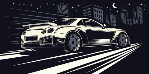 Obraz premium Fast Sports Car Driving at Night in City