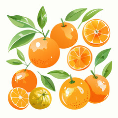 Fresh Oranges Watercolor Illustration: Whole, Halved Citrus Fruits with Leaves