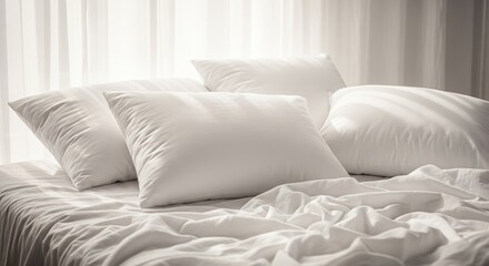 Soft white pillows on rumpled bed with natural window light