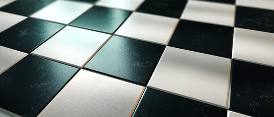 Glossy ceramic checkerboard tiles in emerald green and white tones, macro view