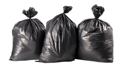 Three black plastic garbage bags against a background representing waste disposal and rubbish collection.