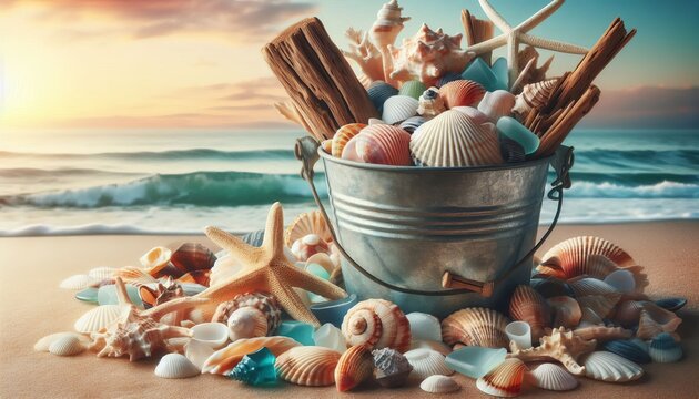 Beachcomber s Delight A bucket overflows with seashells sea glas