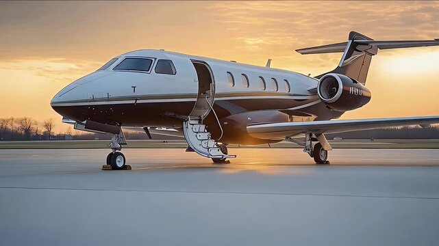 private jet with open door at sunset