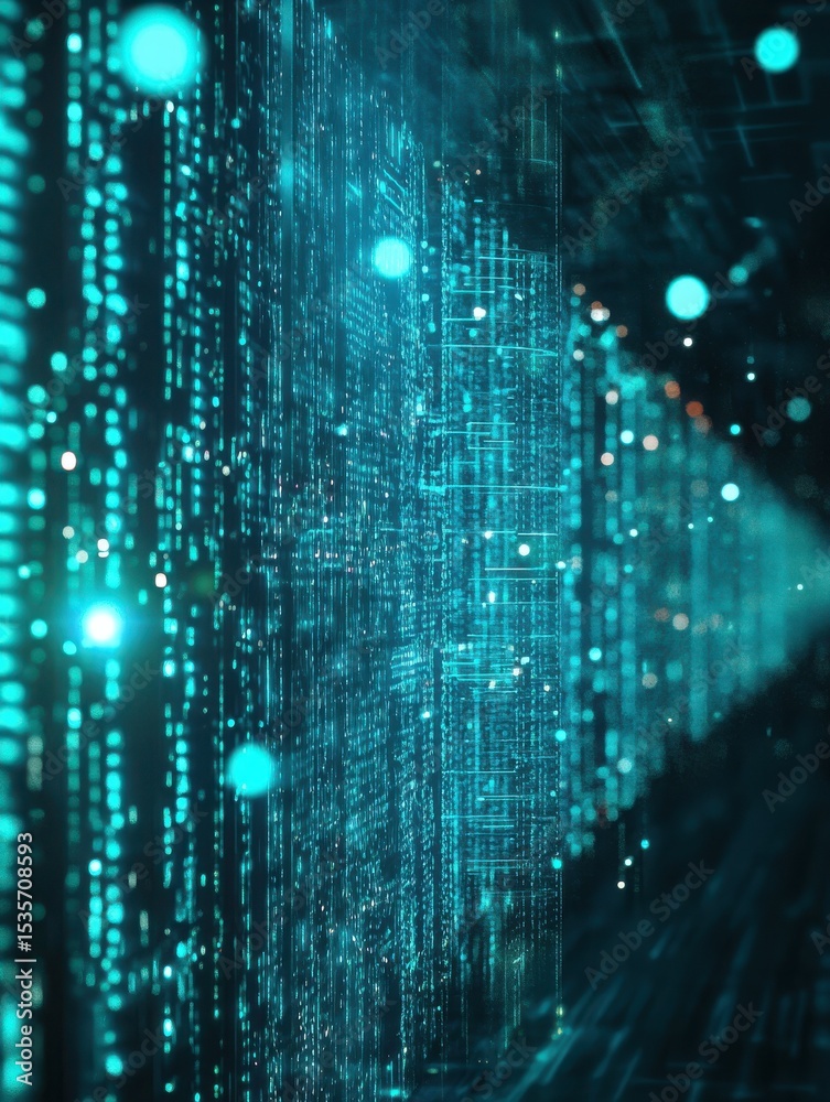 Poster quantum processor, data streams and pulses of blue-green light show deep intelligence and computing 