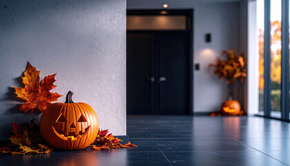 halloween in office setting. A cozy indoor space decorated for autumn, featuring carved pumpkins and colorful leaves near a sleek entrance.