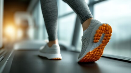 Closeup of athletic legs in gray leggings