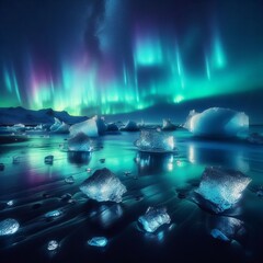 Long exposure capture of aurora borealis reflecting on wet black