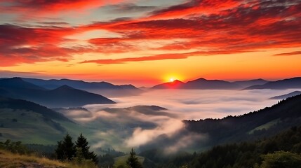 Obraz premium A breathtaking sunrise with intense orange and red clouds stretching across the sky, the Carpathian peaks in silhouette, mist clinging to the valleys, the sun just emerging over the horizon.