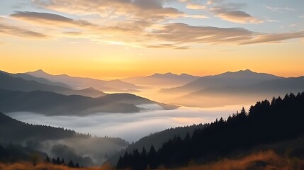 Obraz premium A breathtaking view of silhouetted Carpathian mountains bathed in warm golden sunlight, the sky filled with soft pink and peach hues.