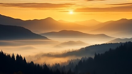 Obraz premium A breathtaking view of silhouetted Carpathian mountains bathed in warm golden sunlight, the sky filled with soft pink and peach hues, with gentle morning mist clinging to the peaks.