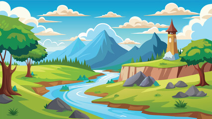 Cartoon Landscape with River, Tower, Mountains and Clouds, Artistic Flat Vector Style