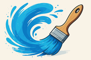Paintbrush icon with dynamic blue paint stroke. Creative concept of art, drawing, and painting. Renovation and home improvement tool. Vector illustration of a liquid splash or wave.