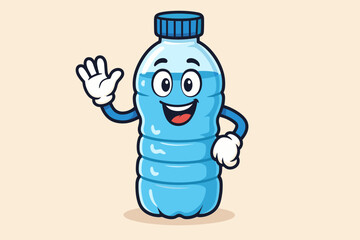 Cute water bottle cartoon mascot character waving hand. Happy plastic bottle illustration with fresh mineral water. Healthy lifestyle, hydration, and refreshment concept vector.