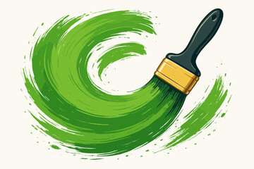 Abstract green paint brush stroke in a dynamic circular motion. Vector illustration concept for art, creativity, ecology, sustainability, renovation, and DIY home improvement.