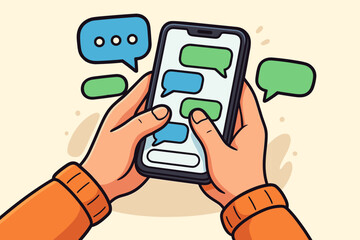 Hands holding smartphone, typing and sending text messages in a chat app. Concept of online communication, social media, and digital conversation. Vector cartoon illustration with speech bubbles.