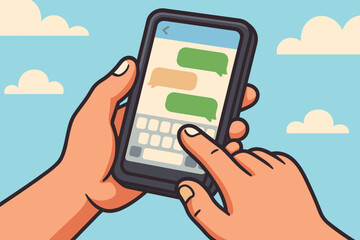 Person texting on mobile phone. Hands holding a smartphone and chatting in a messenger app. Online conversation with speech bubbles. Digital communication, social media concept.