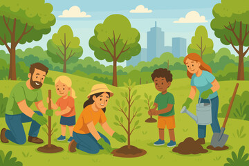 Happy diverse community of volunteers and family planting trees in a city park. Teamwork for ecology, sustainability, and environmental conservation. Earth Day vector illustration.