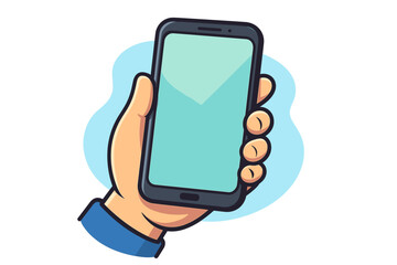 Cartoon hand holding smartphone with blank screen. Mobile phone mockup template for app presentation. Vector illustration of person using cell phone. Communication technology.