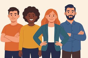 Diverse group of business people standing together. Multicultural team portrait with men and women. Concept of teamwork, unity, inclusion, and collaboration in a flat vector style.