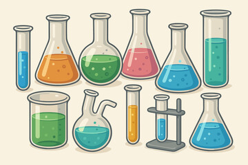 Chemistry lab equipment vector illustration set. Collection of scientific glassware icons like beaker, flask, and test tube with colorful chemical solutions for research or experiments.