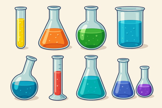 Chemistry lab glassware set. Vector illustration collection of flasks, beakers, and test tubes with colorful liquids. Science experiment, research, and education concept icons.