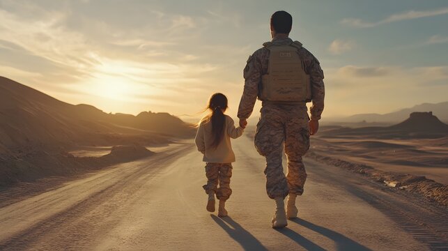 Father and daughter walk hand-in-hand down a dusty road.