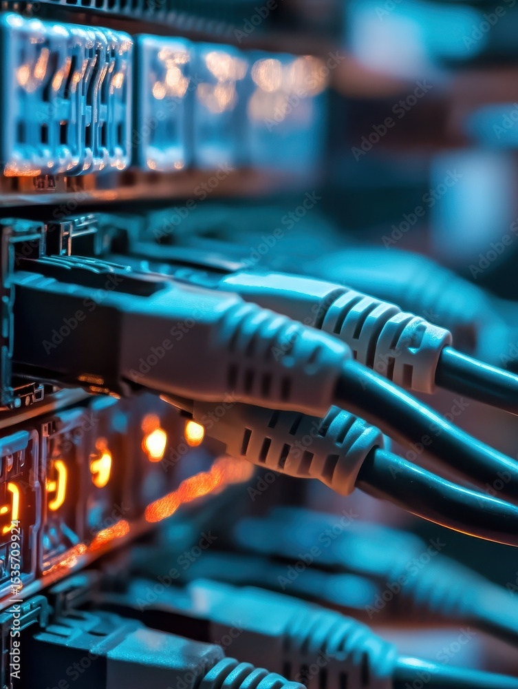 Poster close up of several ethernet cables plugged into a network switch. this image is a great representat