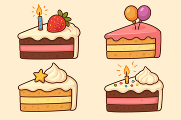 Birthday cake slice vector illustration set. Cute cartoon dessert collection for party celebration. Sweet pastry with candles, strawberry, sprinkles, and balloons. Kawaii food icons.