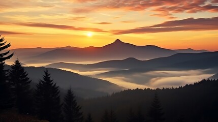 Obraz premium A close-up sunrise scene of the Carpathian peaks, dark silhouettes framed by clouds glowing in warm pinks and soft yellows, golden sunlight illuminating the edges of the clouds.