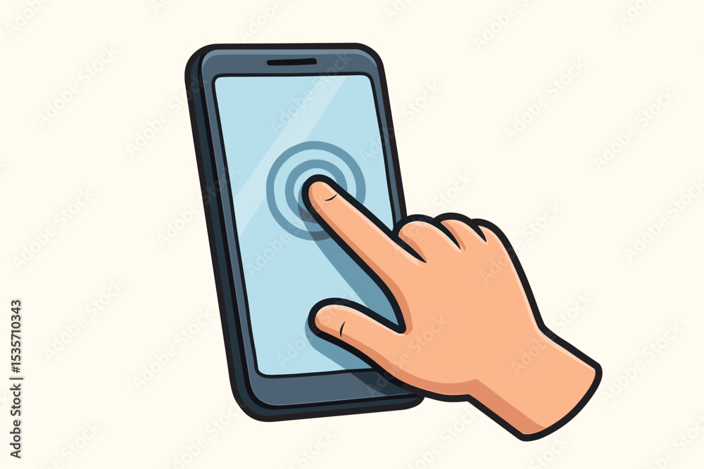 Poster hand touching smartphone screen. finger tapping on mobile phone display. user interaction with a tou