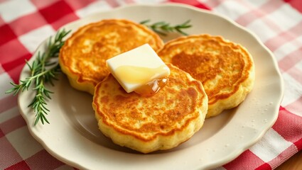 honey drizzle ceramic plate cornmeal pancakes jonnycakes breakfast butter country style checkered cloth food styling
