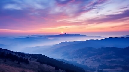 Fototapeta premium A cool-toned sunrise over the Carpathians, the sky blending soft lavender and blue tones with streaks of warm orange light breaking through, dark mountain layers in deep contrast.