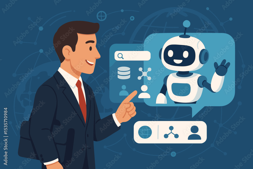 Poster businessman using ai chatbot technology for customer support and business automation. virtual assist
