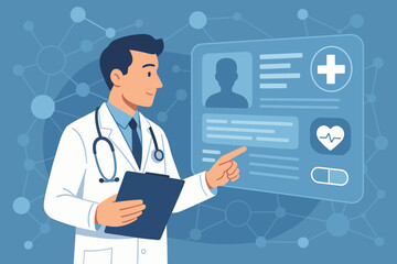 Doctor analyzing patient data on a futuristic screen. Concept for digital healthcare, telemedicine, e-health, and medical technology innovation. Electronic medical records concept.