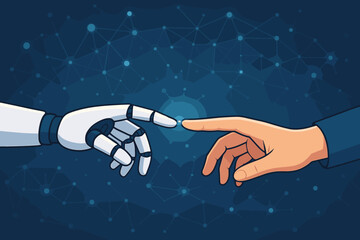 Robot and human hands connection. Creation of Adam metaphor for AI. Artificial intelligence, technology, innovation. Future of humanity and machine synergy, partnership, network.