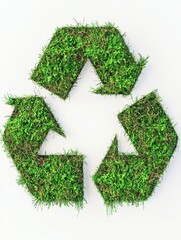 Green recycle symbol covered by grass and moss. Ecology concept.