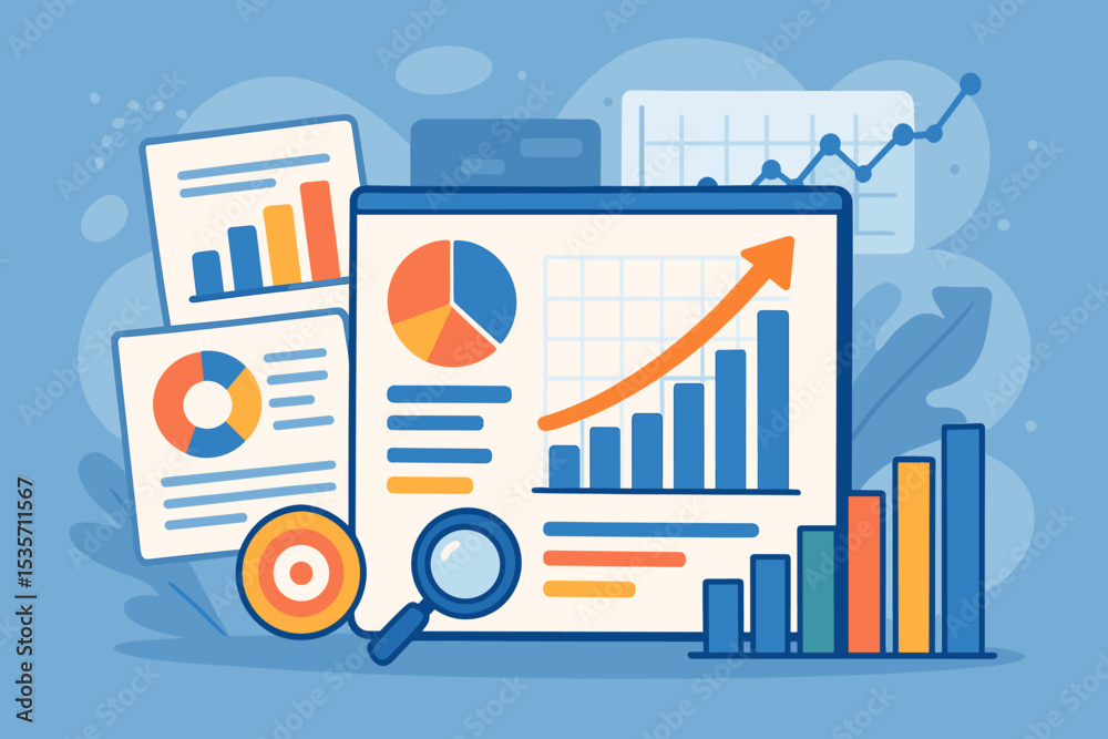 Poster financial analytics dashboard with bar graph and pie chart. data analysis for business growth and su