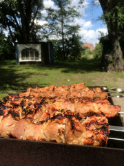Juicy chicken skewers are grilling in a backyard setting.