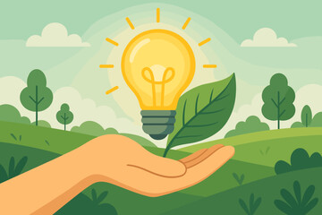 Sustainable energy concept with hand holding a light bulb and green leaf. Renewable power idea and environmental conservation. Ecology innovation for a clean future. Vector illustration.