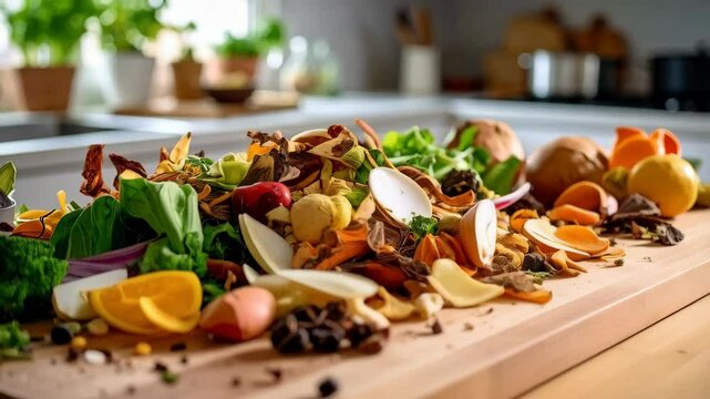 Kitchen counter with pile of assorted organic food scraps and peels prepared for composting with blurred kitchen background