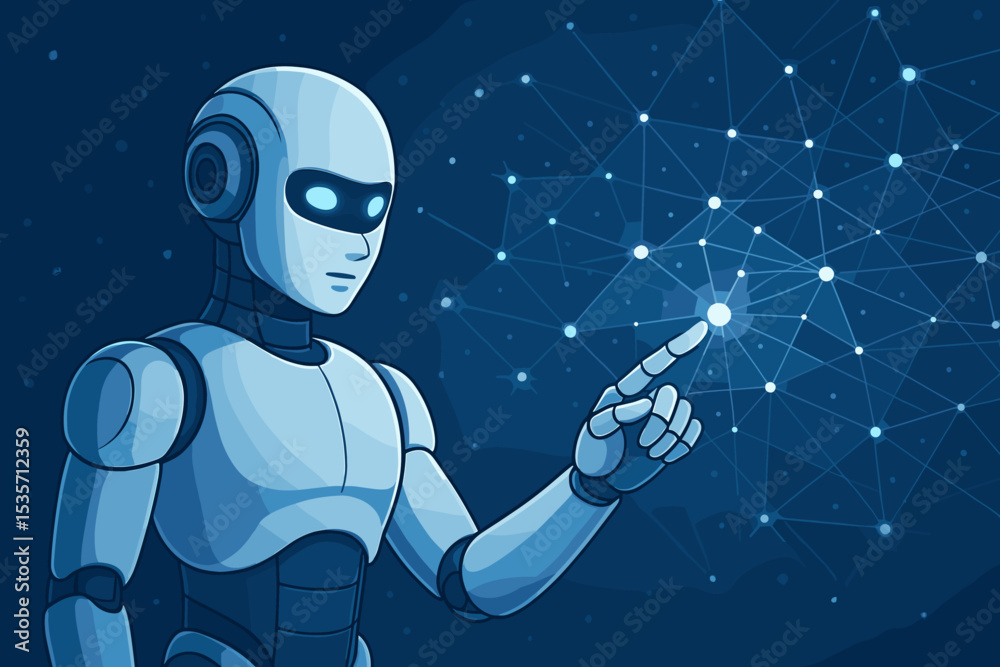 Aufkleber ai robot humanoid pointing finger at a glowing digital network. future technology concept. artificia