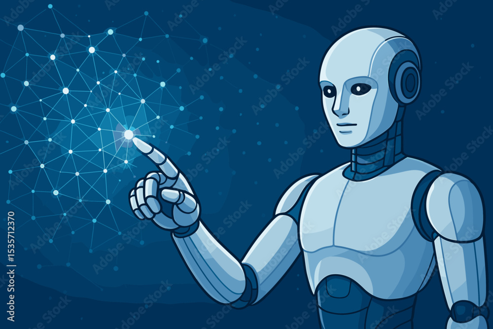 Poster artificial intelligence concept with a humanoid robot touching a futuristic neural network. ai, mach