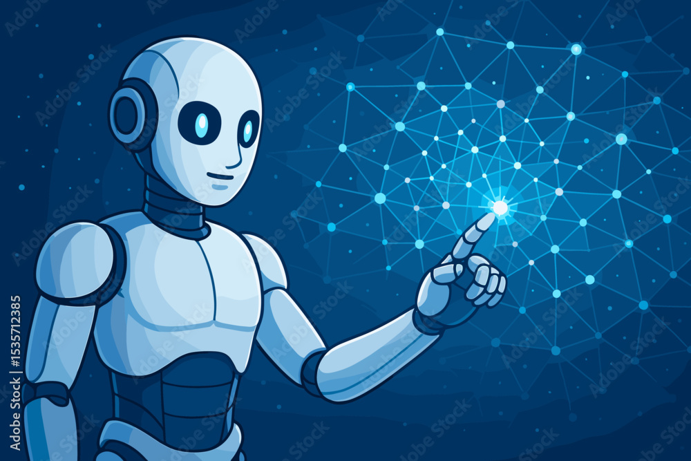 Fototapete robot touching a glowing neural network. artificial intelligence, ai, and future technology concept.