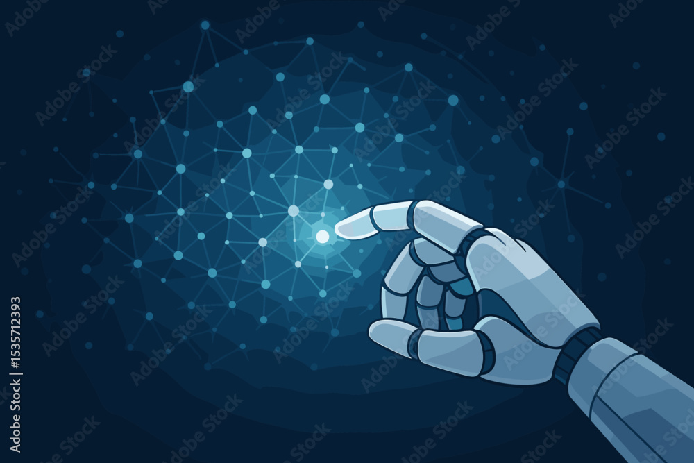 Poster artificial intelligence concept with robot finger touching glowing node on a neural network. future 