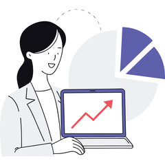 Smiling woman presents a rising chart on her laptop near a segmented graph