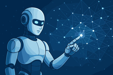 AI robot humanoid pointing finger at a glowing digital network. Future technology concept. Artificial intelligence, machine learning, data processing and virtual reality vector.