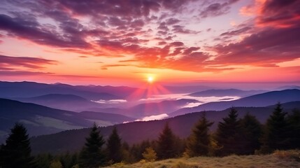 Fototapeta premium A glowing orange and magenta sunrise sky over the Carpathians, clouds casting shadows over the mountains, long sun rays stretching across the horizon, creating a dramatic, cinematic scene.