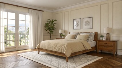 Modern Minimalist Bedroom Design Wooden Bed, Beige Bedding, Herringbone Floor, Wall Decor,keyword1 interior design, keyword2 bedroom decor